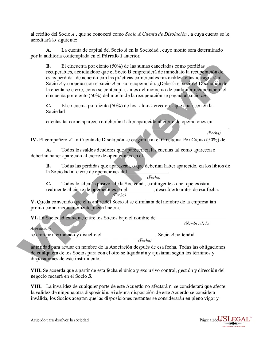 Preview Acuerdo para disolver la sociedad con un socio comprando los activos del otro socio