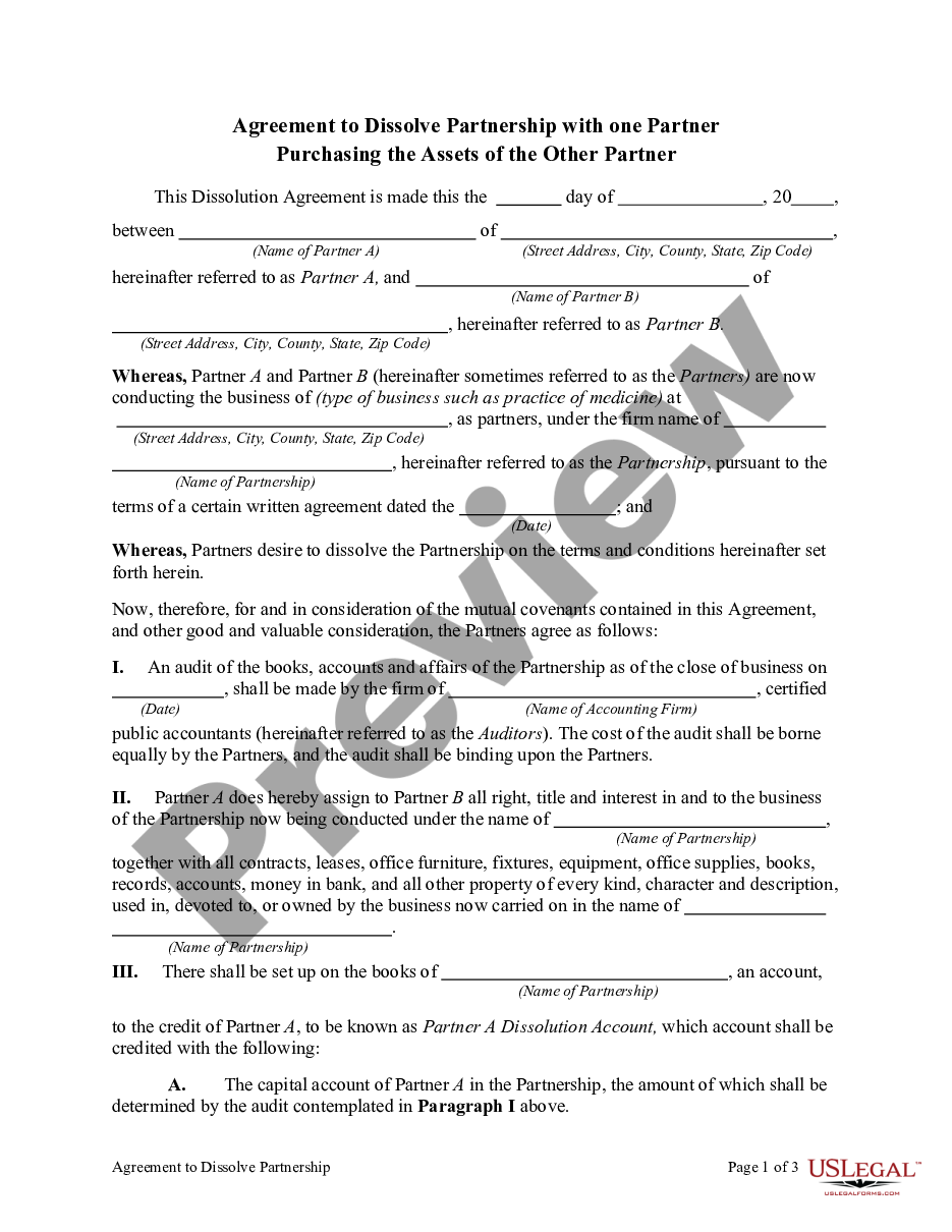 page 0 Agreement to Dissolve Partnership with one Partner Purchasing the Assets of the Other Partner preview