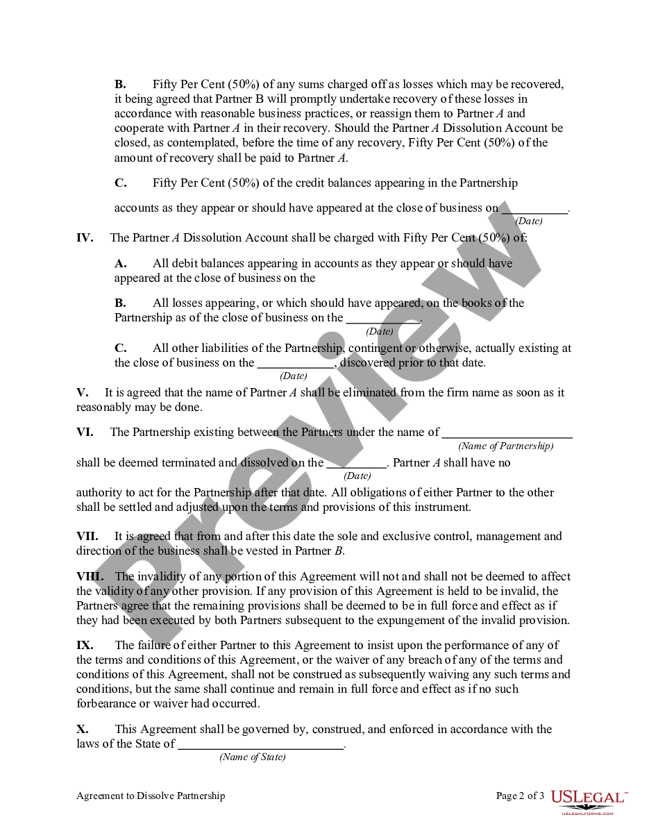 page 1 Agreement to Dissolve Partnership with one Partner Purchasing the Assets of the Other Partner preview