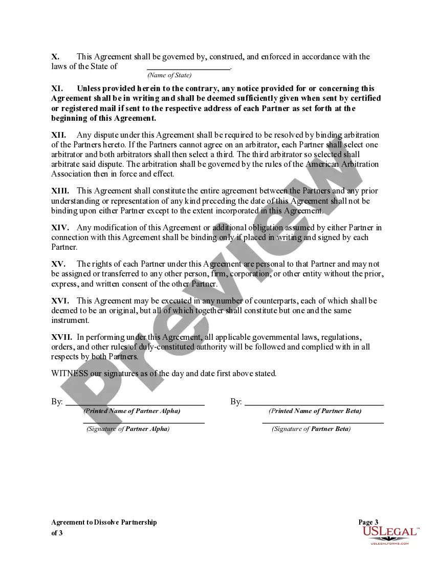 Get Agreement to Dissolve Partnership with one Partner Purchasing the Assets of the Other Partner Preview Agreement to Dissolve Partnership with one Partner Purchasing the Assets of the Other Partner