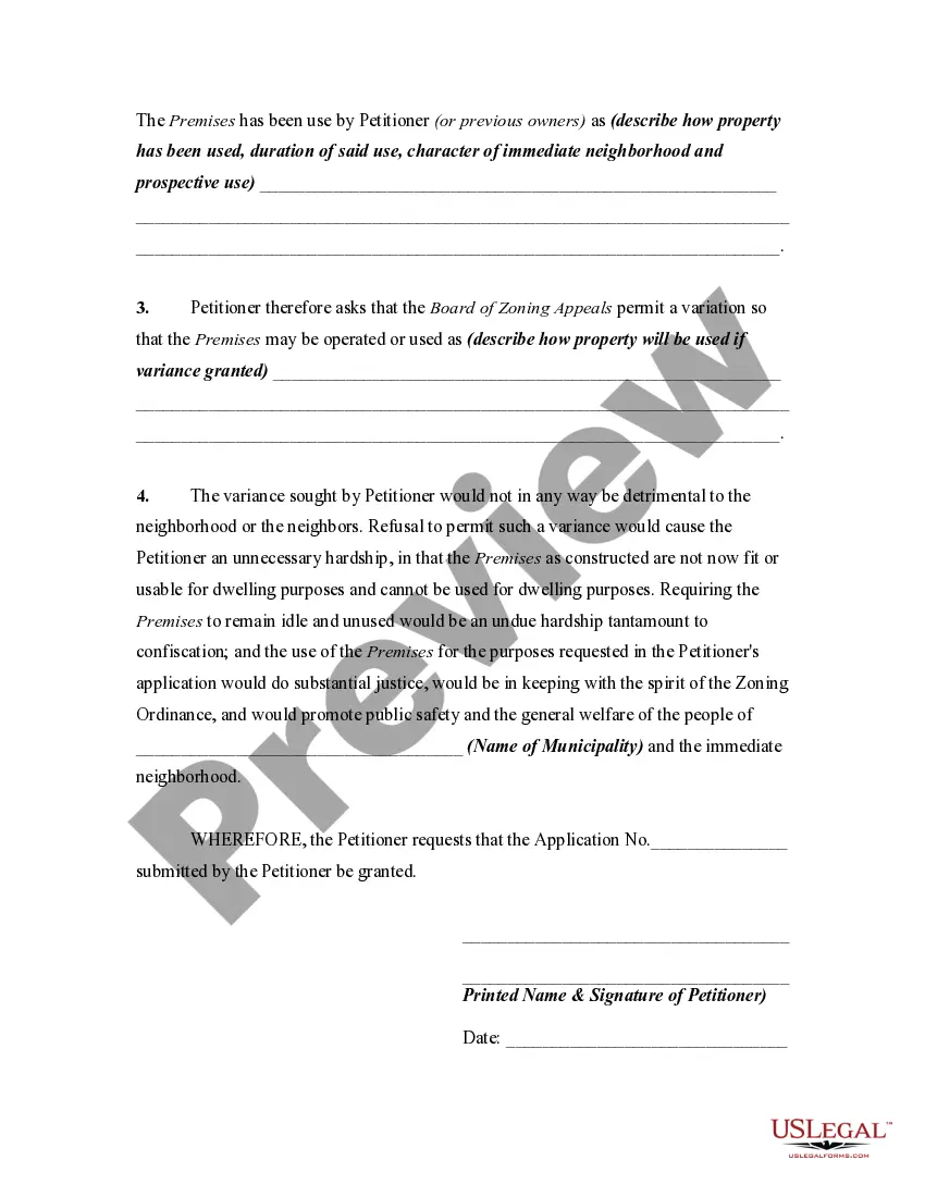 Get Petition to Board of Zoning Appeals in Support of Application for a Variance Preview Petition to Board of Zoning Appeals in Support of Application for a Variance
