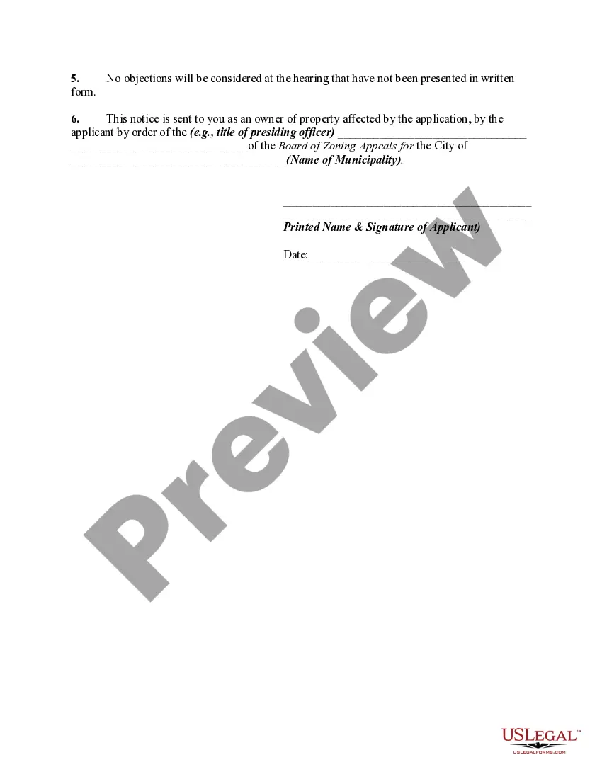 Get Notice of Hearing for Variance Before Board of Zoning Appeals - Notice to be Sent by Applicant to Interested Property Owners Preview Notice of Hearing for Variance Before Board of Zoning Appeals - Notice to be Sent by Applicant to Interested Property Owners