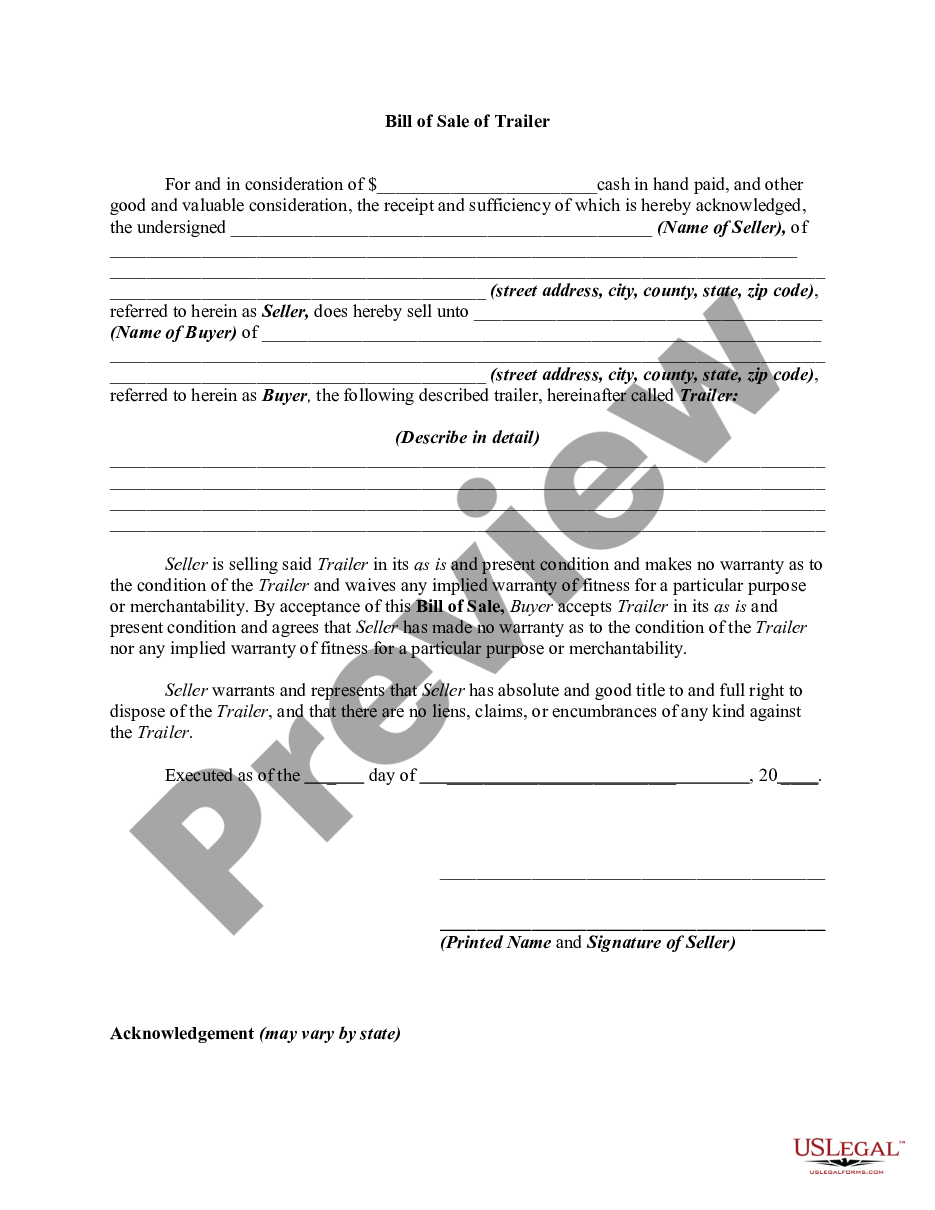 Bill Of Sale For Trailer Trailer Bill Of Sale Us Legal Forms 5233