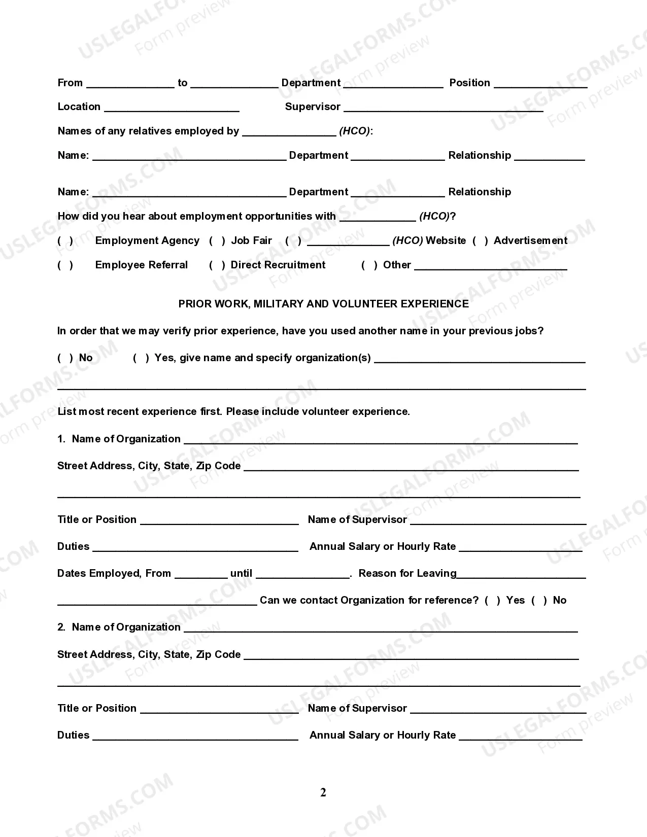 Preview Employment Application for a Health Care Organization
