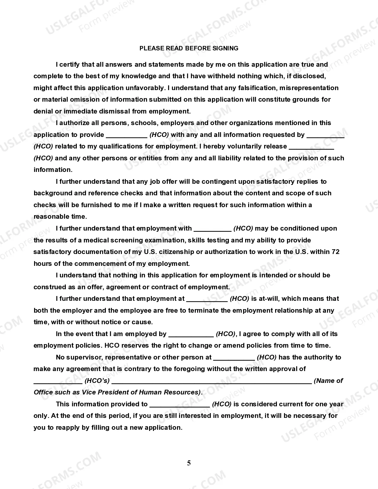 Preview Employment Application for a Health Care Organization