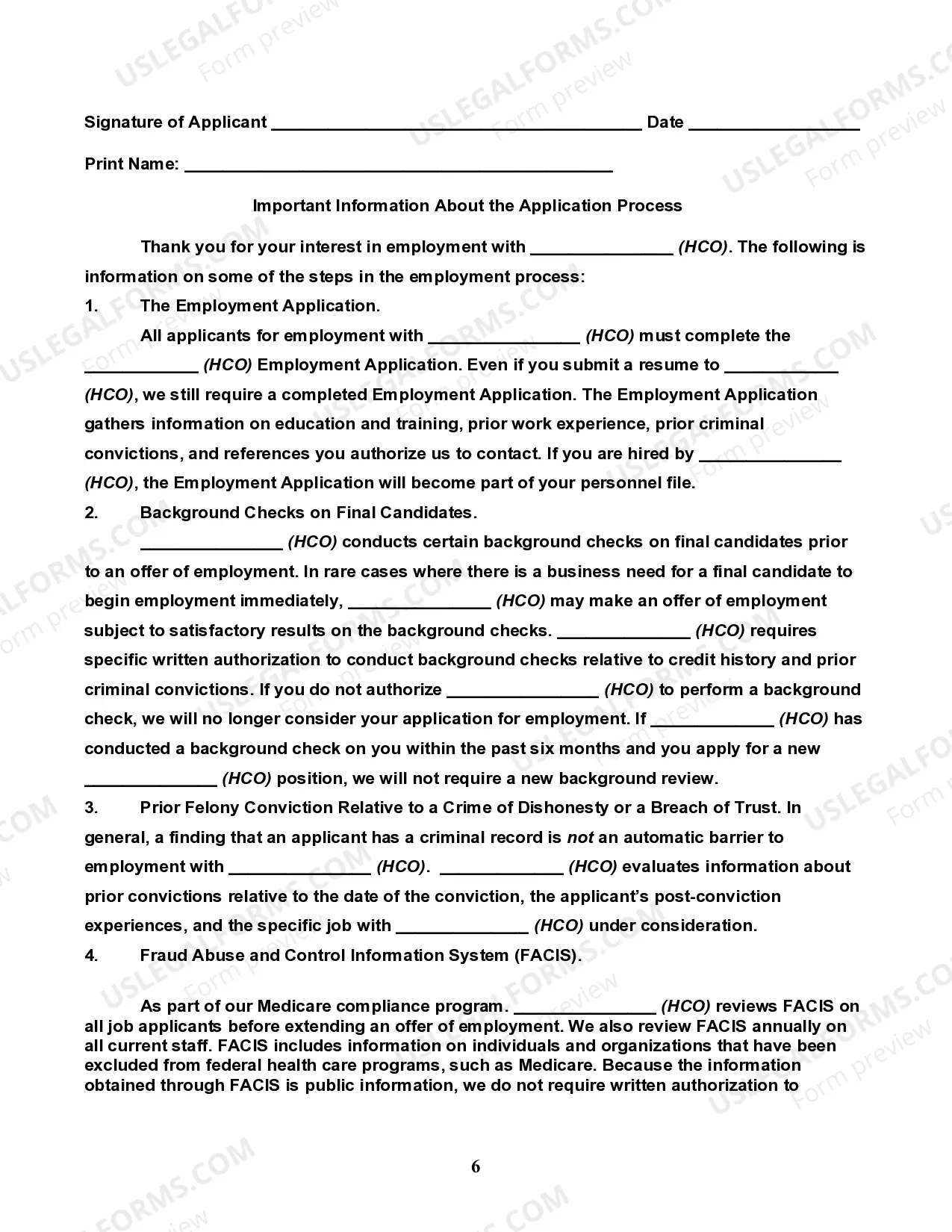 Preview Employment Application for a Health Care Organization