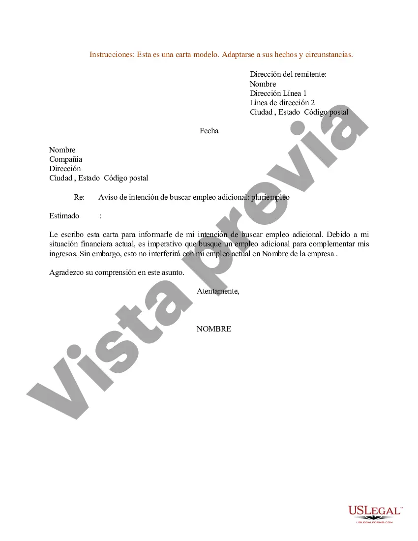 Preview Ejemplo de carta de aviso de intención de buscar empleo adicional - Pluriempleo