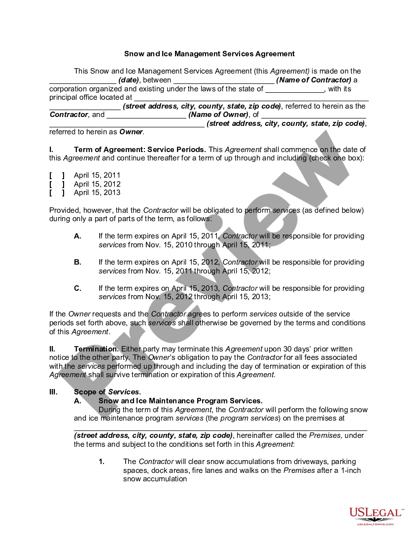 Massachusetts Snow and Ice Management Services Agreement | US Legal Forms