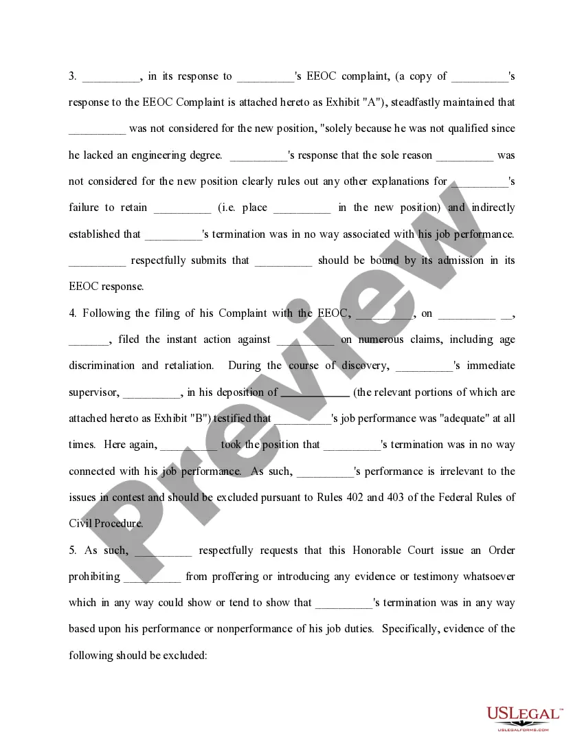 Get Plaintiff's Motion in Limine to Prohibit Evidence on the Issue of Performance, Productivity, and / or Efficiency Preview Plaintiff's Motion in Limine to Prohibit Evidence on the Issue of Performance, Productivity, and / or Efficiency