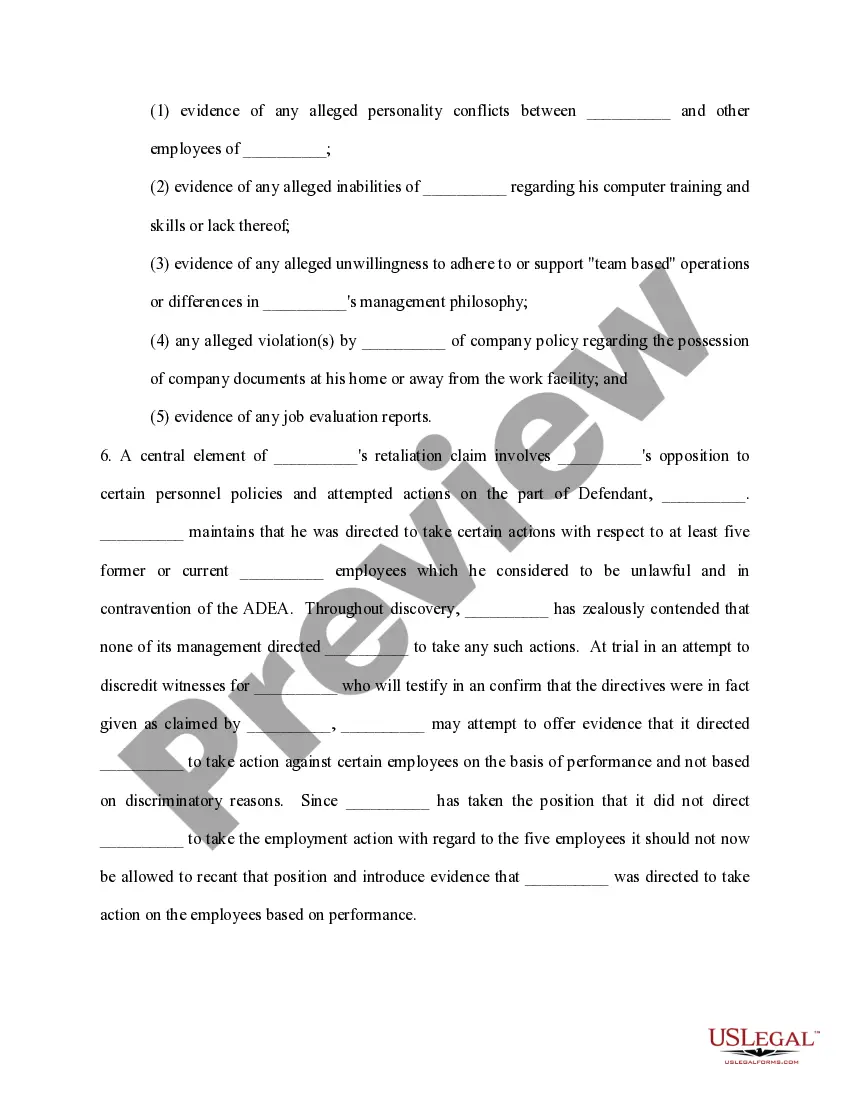 Get Plaintiff's Motion in Limine to Prohibit Evidence on the Issue of Performance, Productivity, and / or Efficiency Preview Plaintiff's Motion in Limine to Prohibit Evidence on the Issue of Performance, Productivity, and / or Efficiency