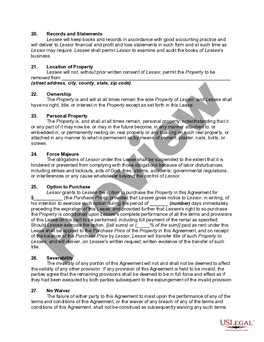 Preview Lease or Rental Agreement of Personal Property of any Type with Option to Purchase and Own Personal Property - Lease or Rent to Own