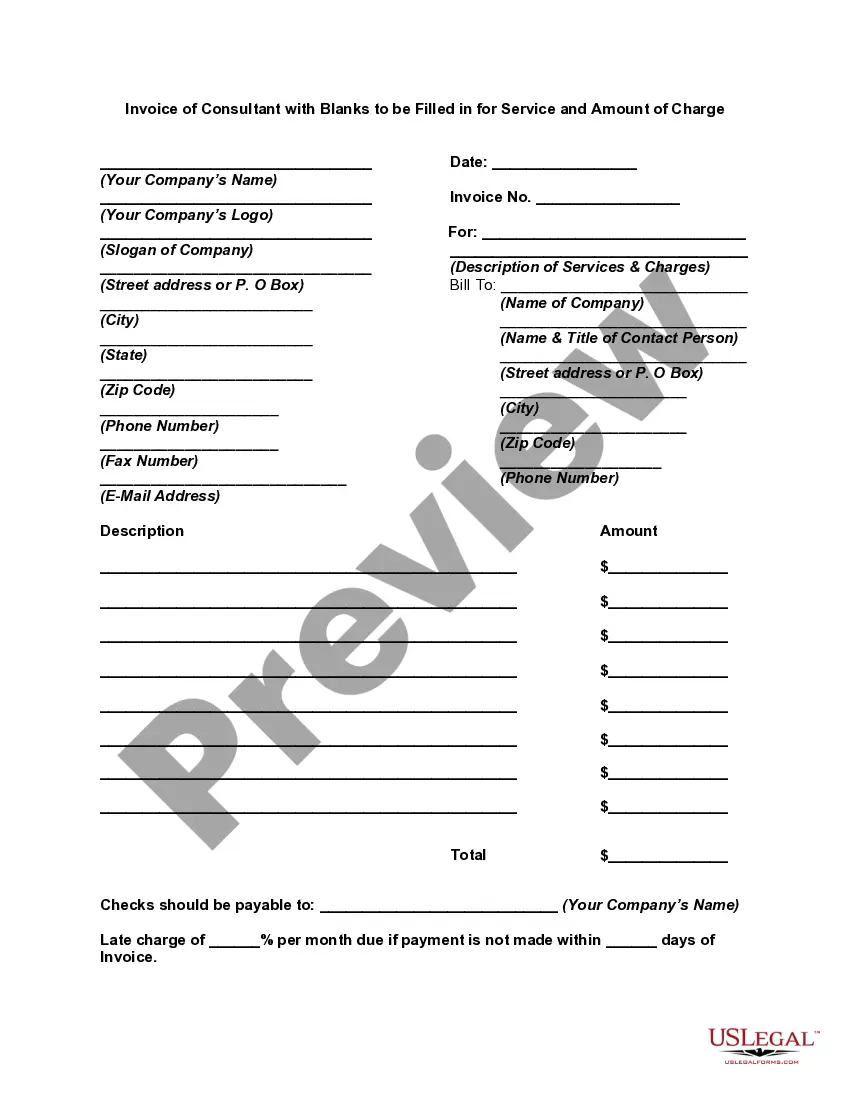 Preview Invoice of Consultant with Blanks to be Filled in for Service and Amount of Charge