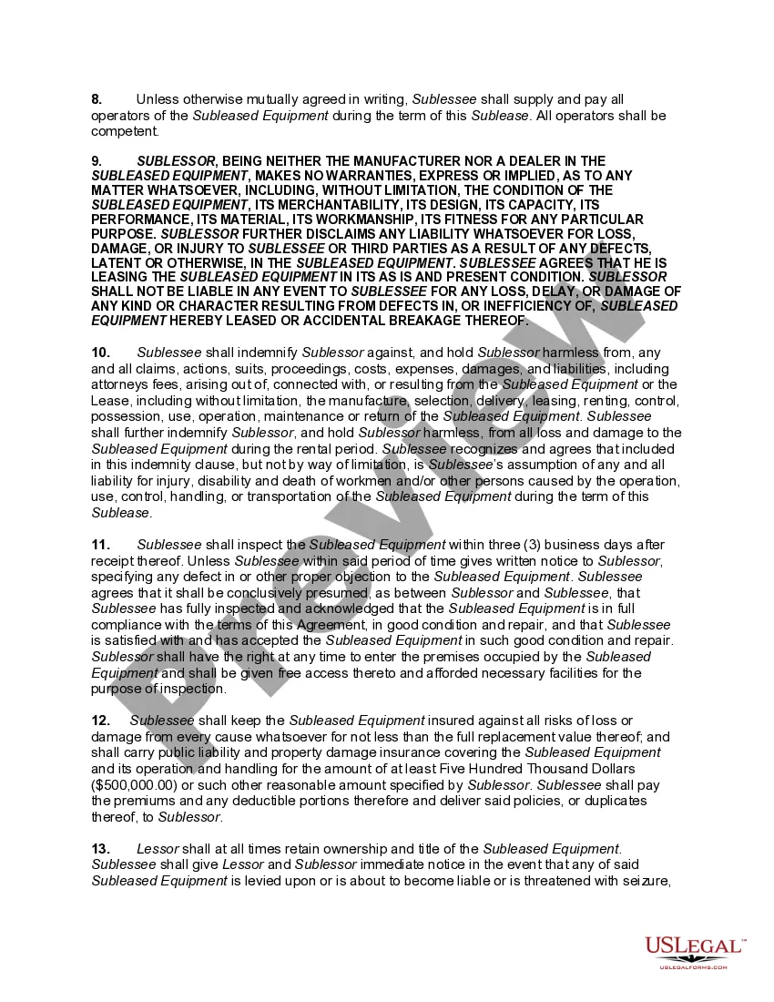 Preview Sublease of Leased Equipment