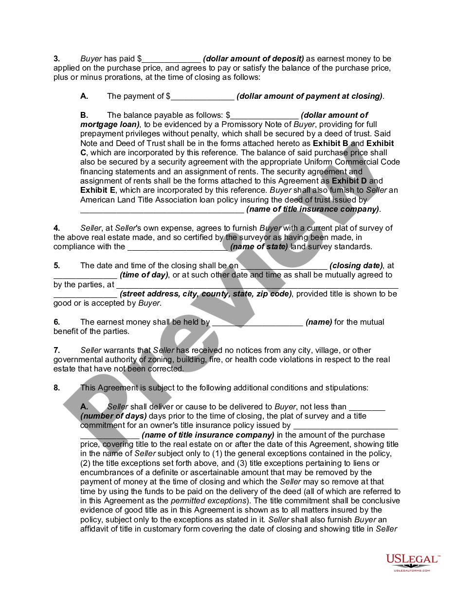 form Contract for the Sale of Commercial Property - Owner Financed with Provisions for Note and Purchase Money Mortgage and Security Agreement preview