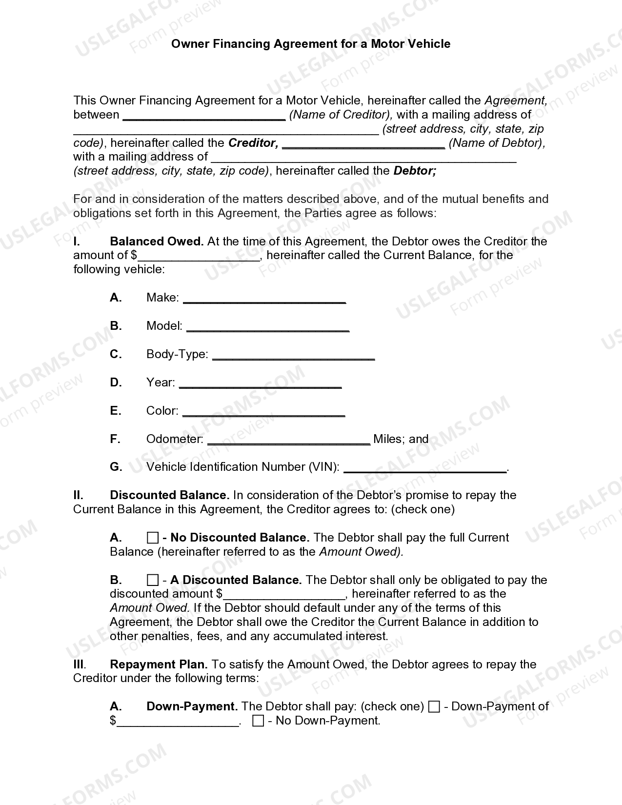 North Dakota Owner Financing Contract for Vehicle Financing Contract