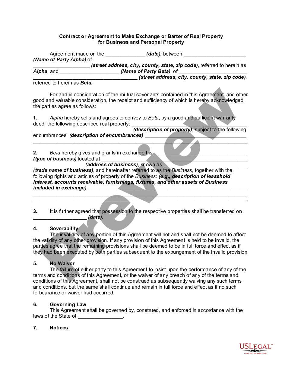 page 0 Contract or Agreement to Make Exchange or Barter of Real Property for Business and Personal Property preview