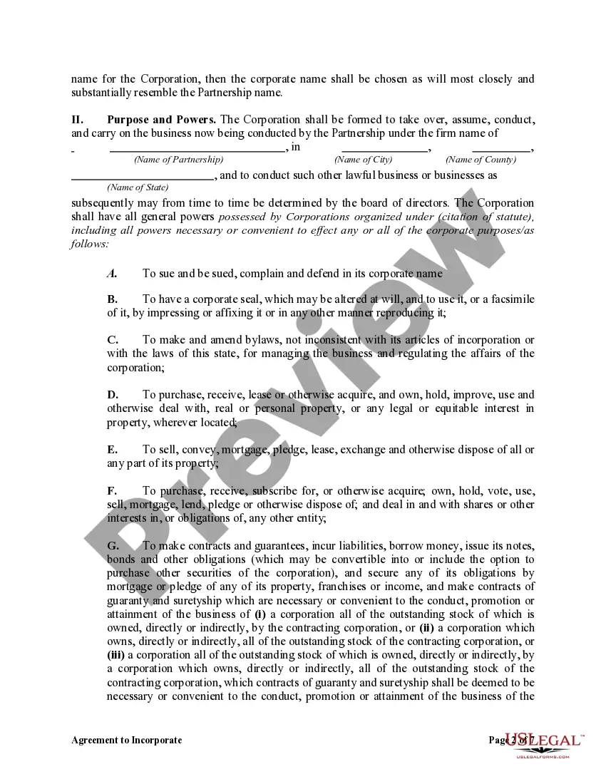 Preview Agreement to Incorporate by Partners Incorporating Existing Partnership