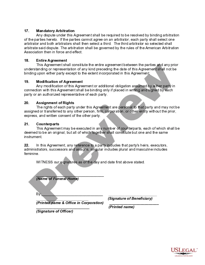 Get Prearranged Funeral Contract with Appointment of Funeral Director as Attorney-in-Fact to Collect all Burial and Funeral Benefits Preview Prearranged Funeral Contract with Appointment of Funeral Director as Attorney-in-Fact to Collect all Burial and Funeral Benefits