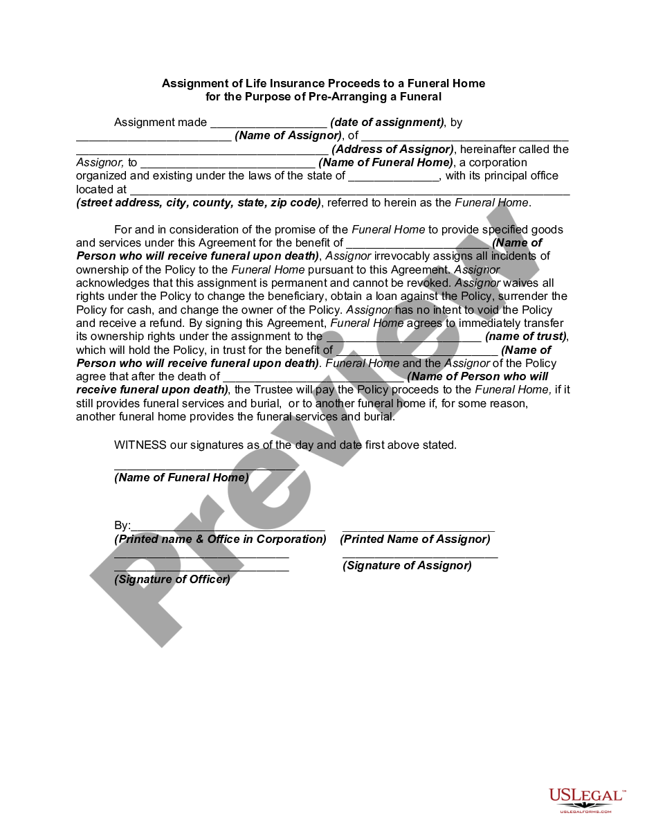 funeral home insurance assignment form blank