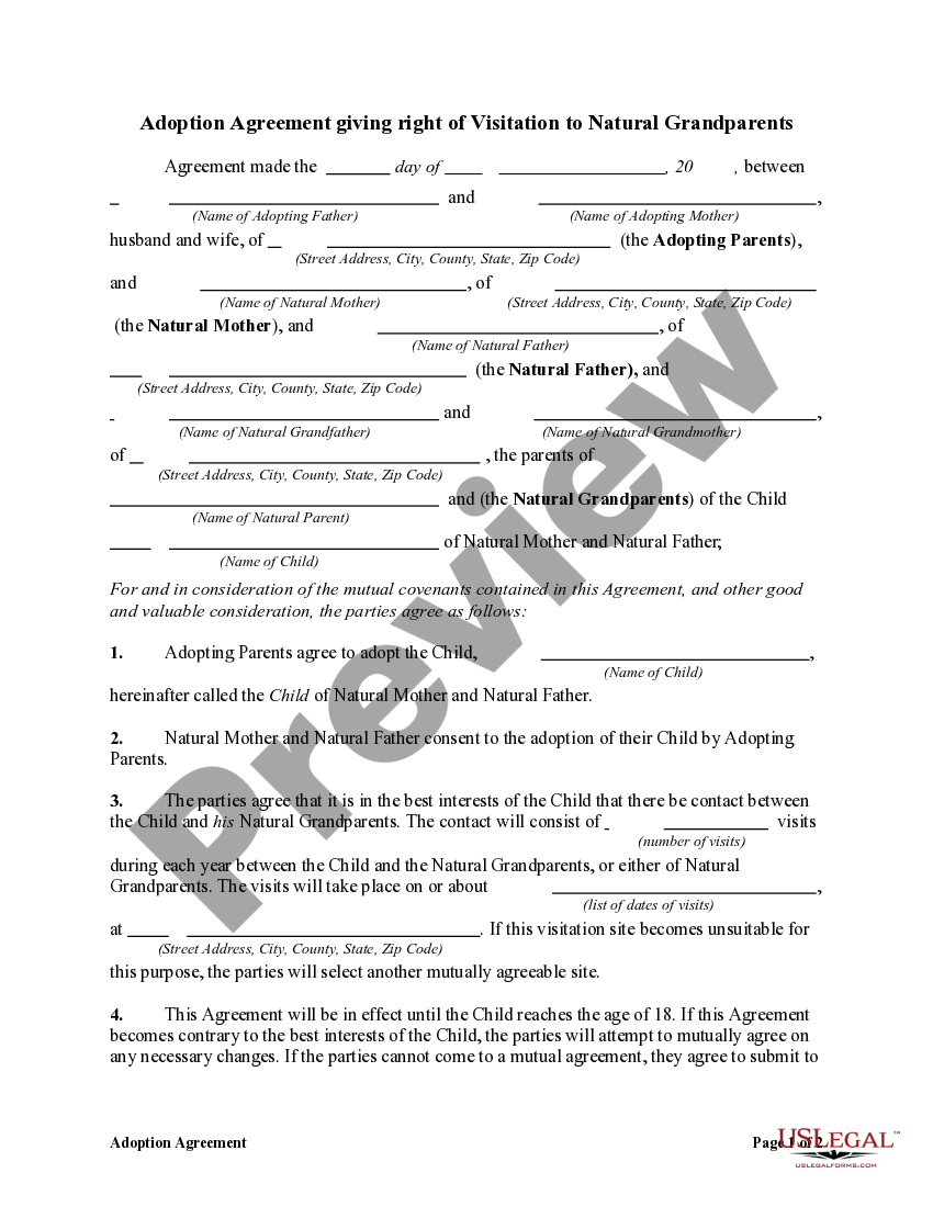 Adoption Agreement Providing For Visitation Rights By Natural