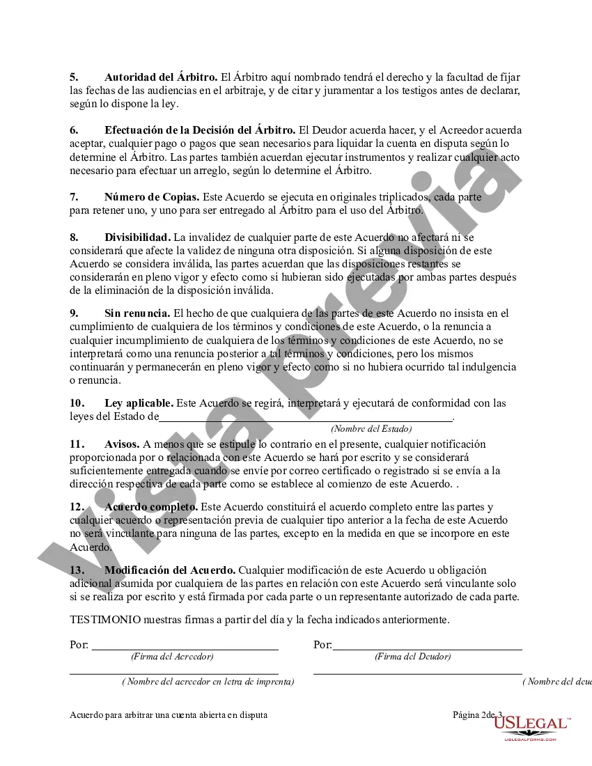 Preview Acuerdo para arbitrar una cuenta abierta en disputa