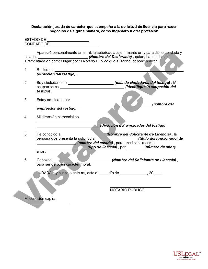 Preview Declaración jurada de carácter que acompaña a la solicitud de licencia para hacer negocios de alguna manera, como ingeniero u otra profesión