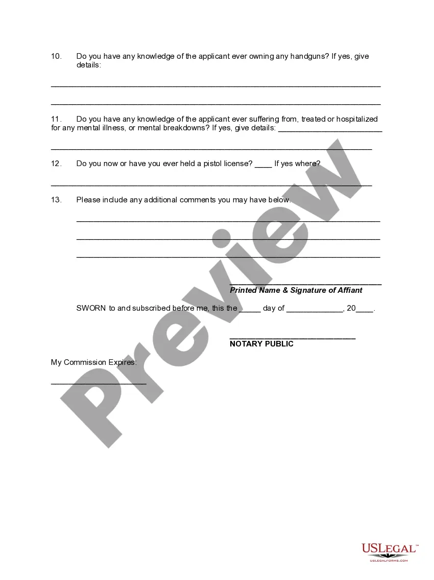 Preview Affidavit of Character Reference in Connection with Gun or Pistol License Investigation of Applicant