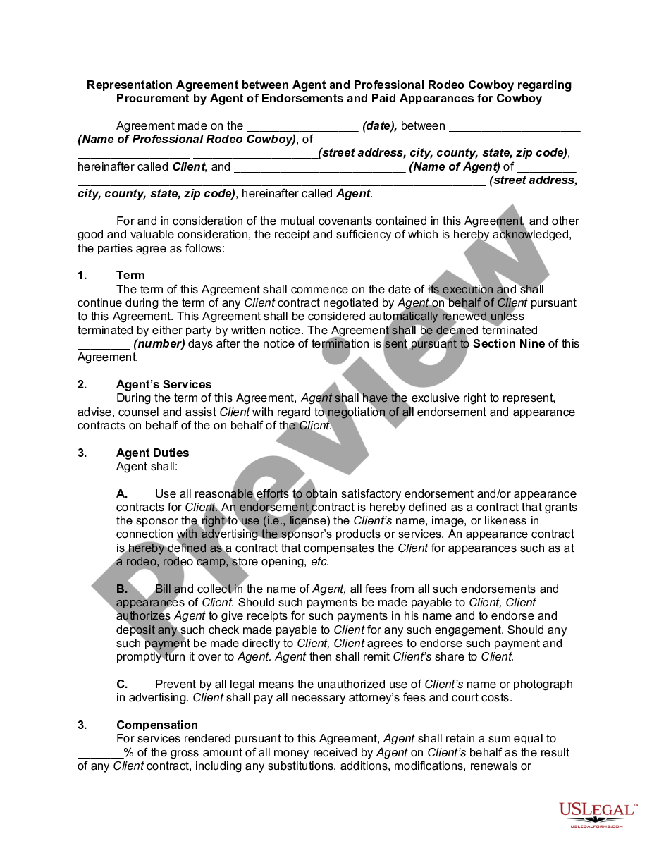 page 0 Representation Agreement between Agent and Professional Rodeo Cowboy regarding Procurement by Agent of Endorsements and Paid Appearances for Cowboy preview