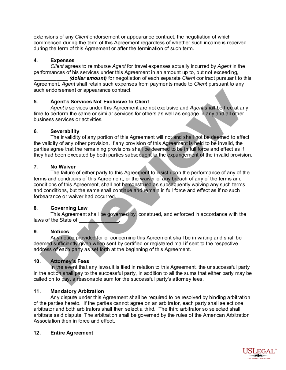 page 1 Representation Agreement between Agent and Professional Rodeo Cowboy regarding Procurement by Agent of Endorsements and Paid Appearances for Cowboy preview
