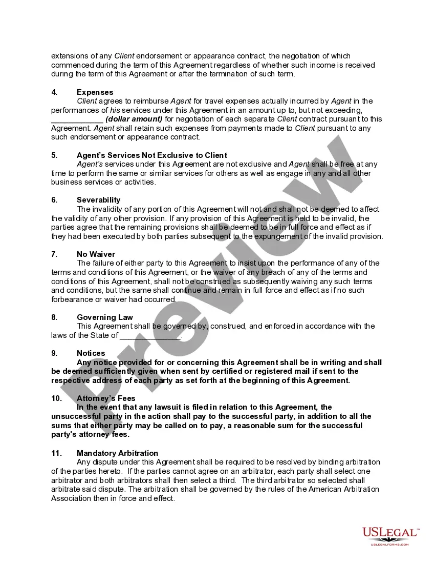 Get Representation Agreement between Agent and Professional Rodeo Cowboy regarding Procurement by Agent of Endorsements and Paid Appearances for Cowboy Preview Representation Agreement between Agent and Professional Rodeo Cowboy regarding Procurement by Agent of Endorsements and Paid Appearances for Cowboy