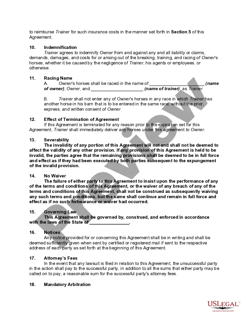 Get Agreement to Train and Race Thoroughbred Racehorses Preview Agreement to Train and Race Thoroughbred Racehorses