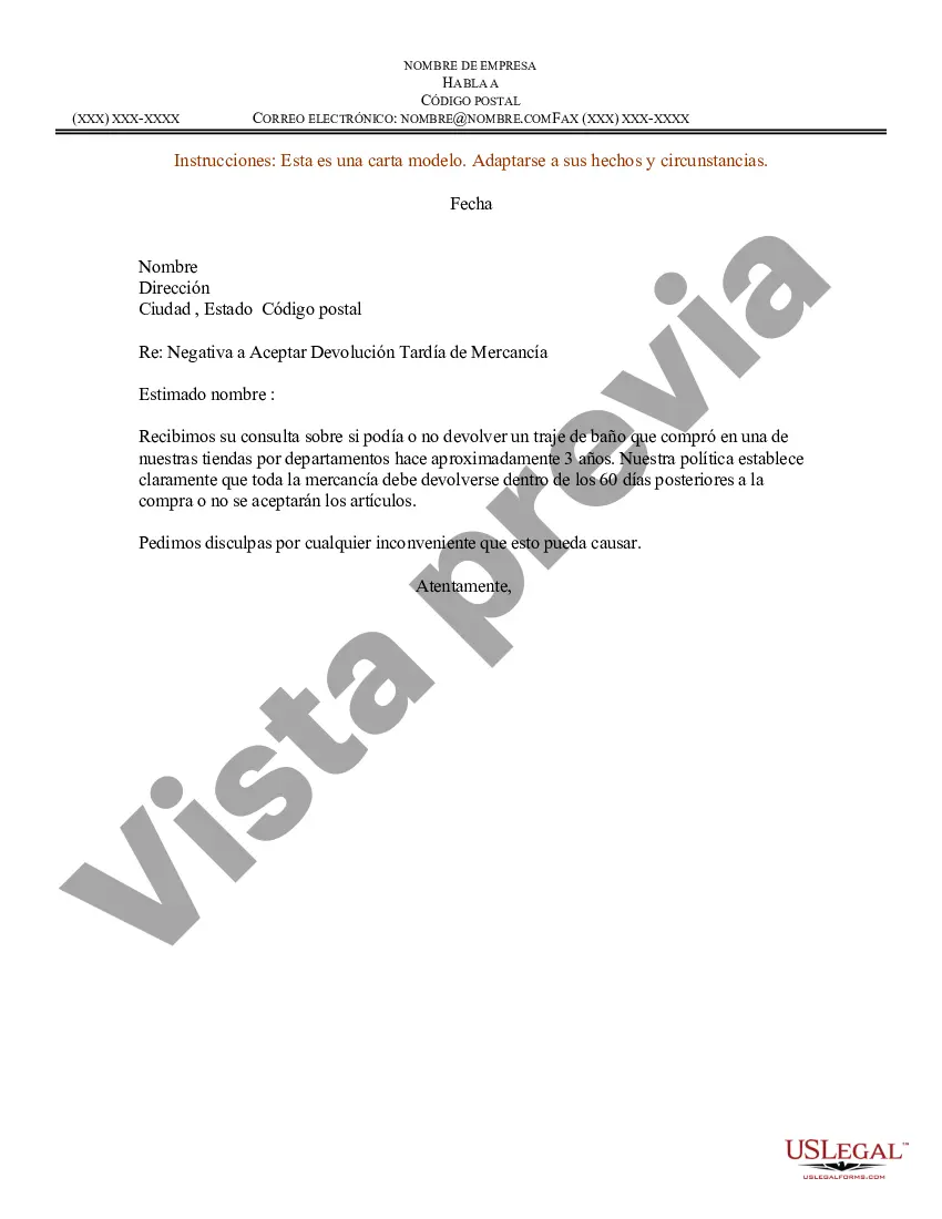 Preview Ejemplo de carta de negativa a aceptar la devolución tardía de la mercancía