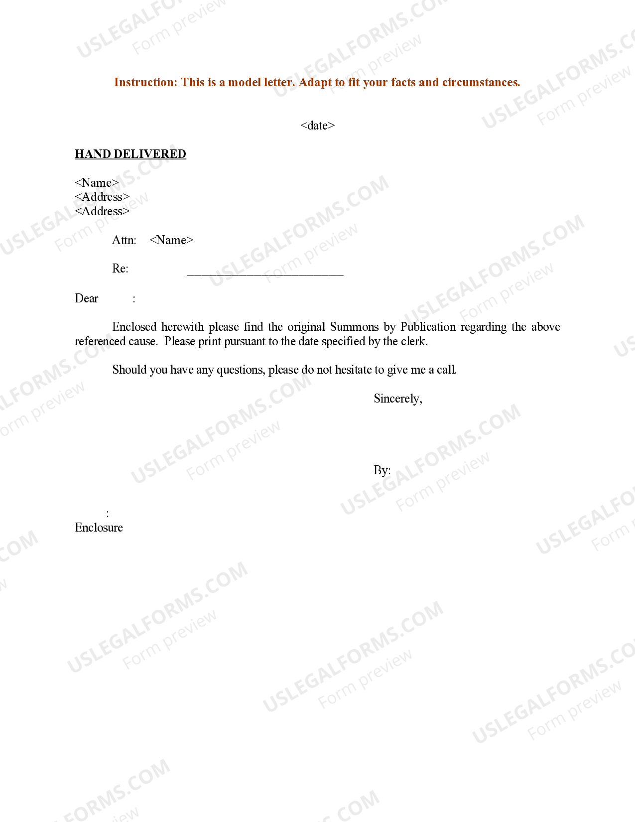 Sample Letter for Summons by Publication Hand Delivered Via Hand