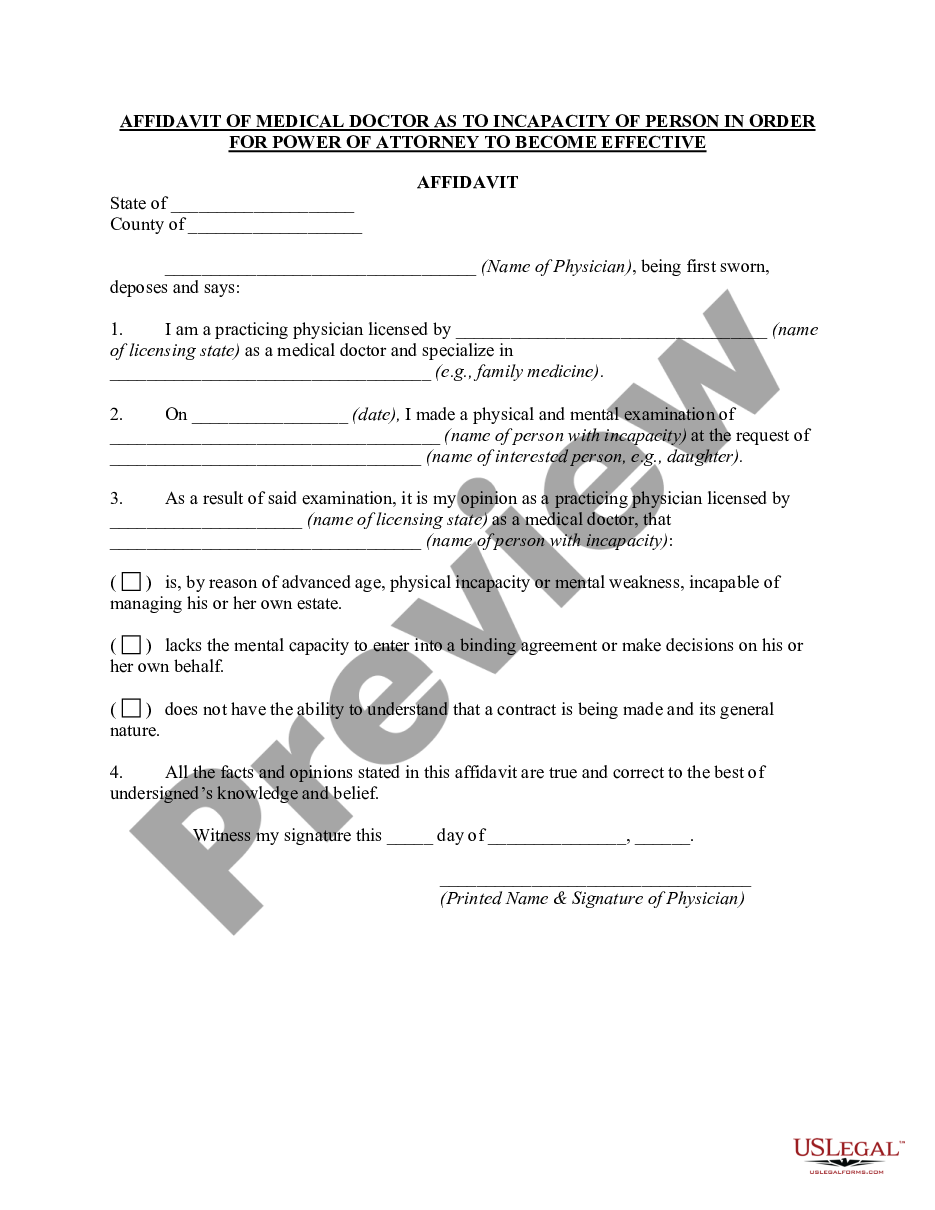 page 0 Affidavit of Medical Doctor as to Incapacity of Person In Order for Power of Attorney to Become Effective preview