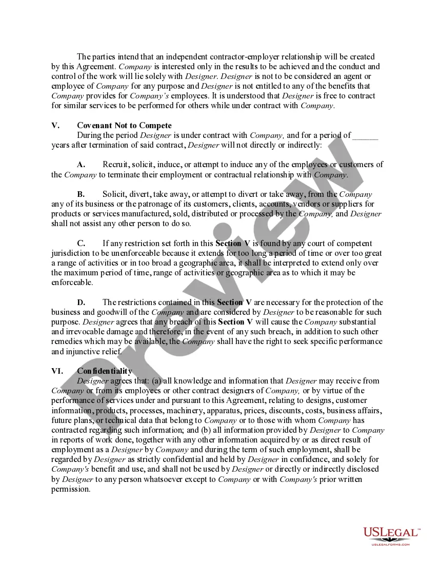 Get Services Contract with Designer Including Covenant Not to Compete and Confidentiality Agreement - Self-Employed Preview Services Contract with Designer Including Covenant Not to Compete and Confidentiality Agreement - Self-Employed
