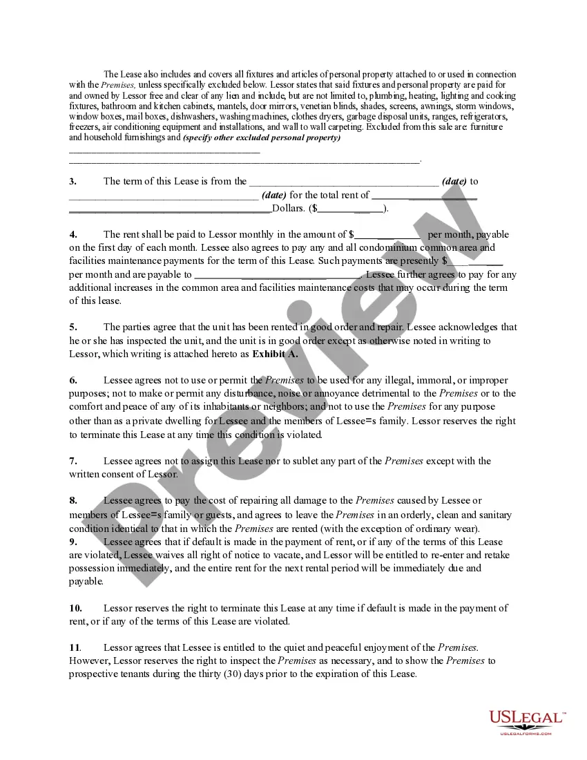 Preview Agreement to Lease Condominium Unit - Condo Rental - in a Mixed Use Development Building with an Option to Purchase Unit - Lease or Rent to Own
