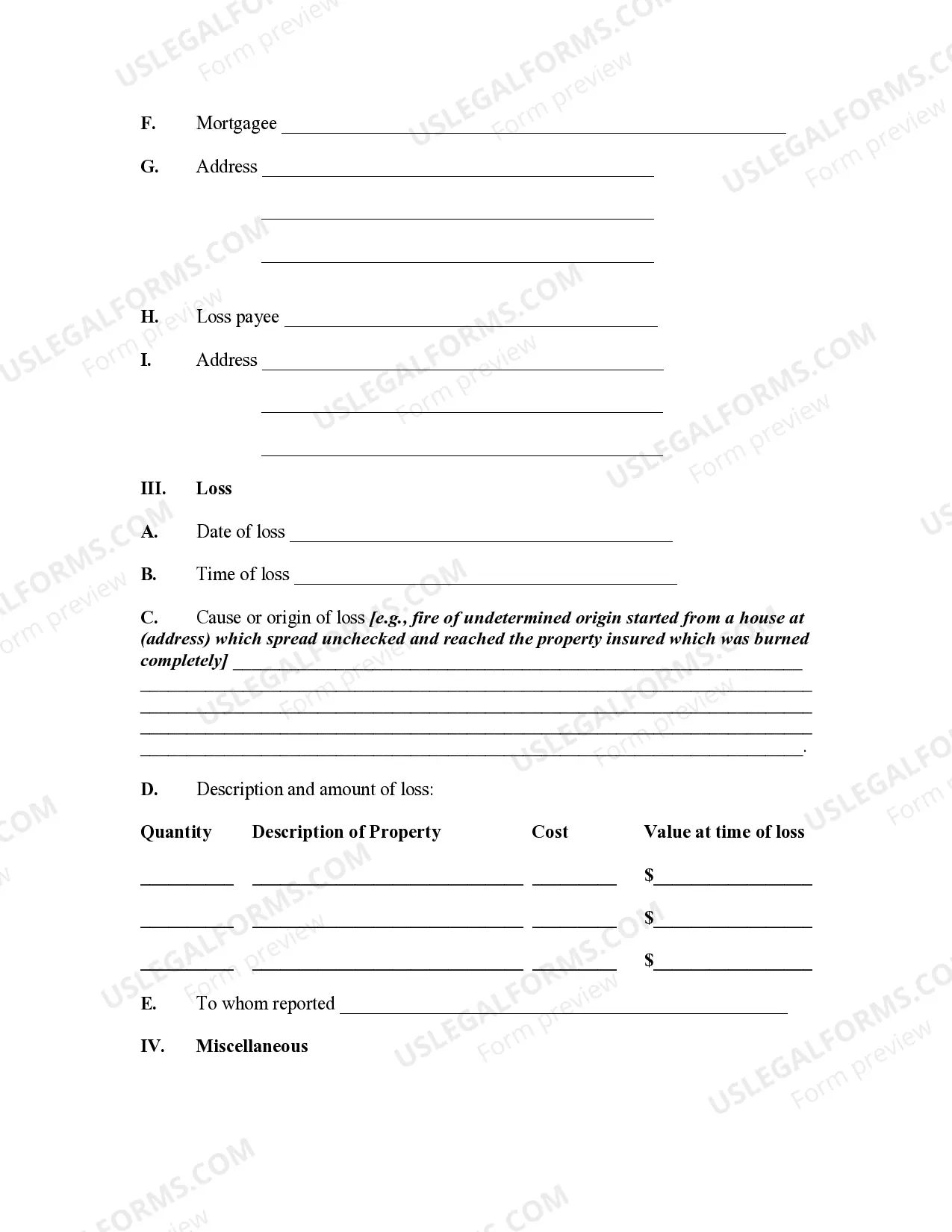 Preview Proof of Loss for Fire Insurance Claim