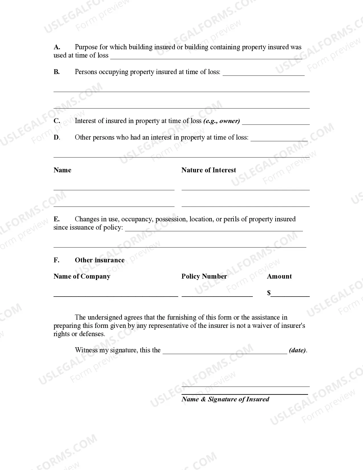 Preview Proof of Loss for Fire Insurance Claim