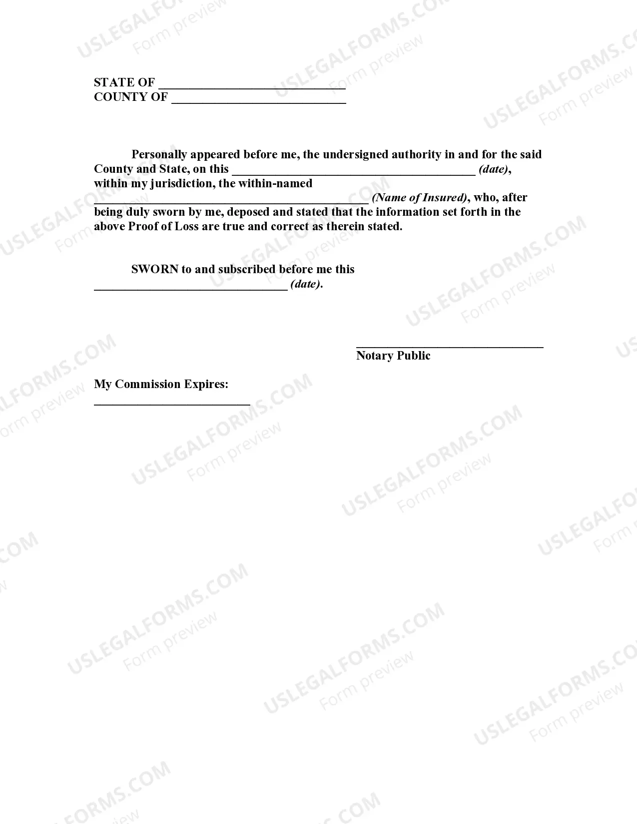 Preview Proof of Loss for Fire Insurance Claim