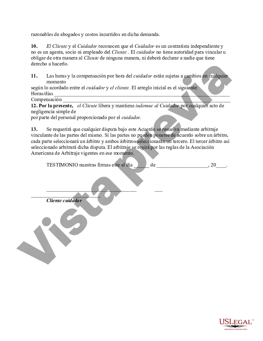 Preview Acuerdo de servicio de cuidado personal individual - Cuidador de ancianos o discapacitados - Consentimiento