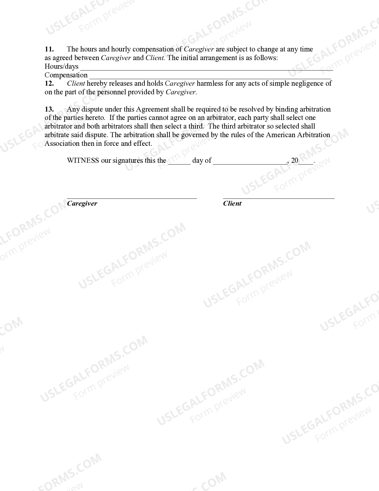 California Individual Personal Care Service Agreement Caregiver for