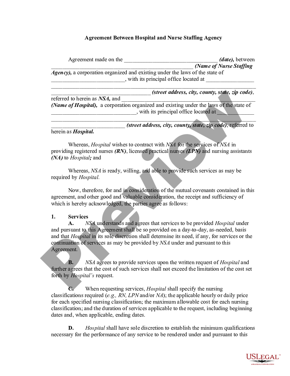 page 0 Agreement Between Hospital and Nurse Staffing Agency preview