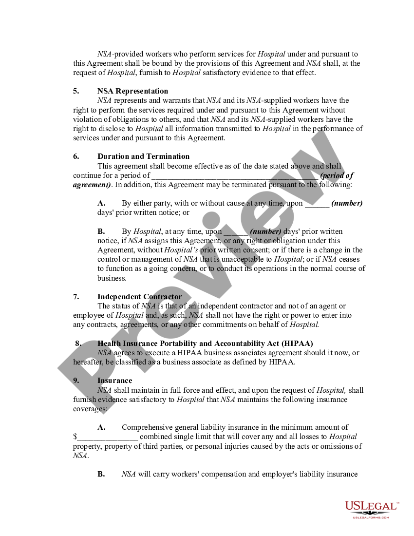 Agreement Between Hospital and Nurse Staffing Agency Nursing Agency