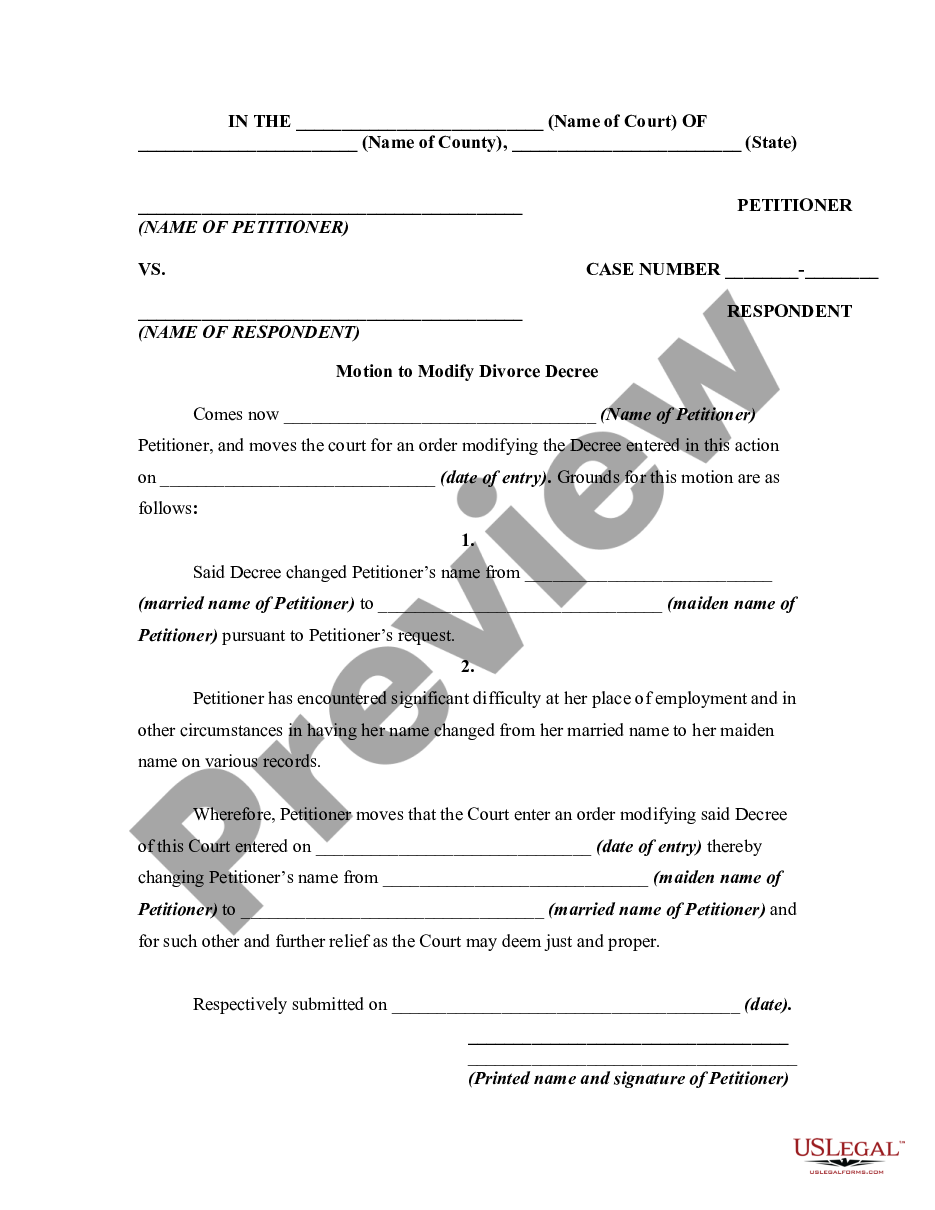 Travis Texas Motion to Modify or Amend Divorce Decree to Change Name