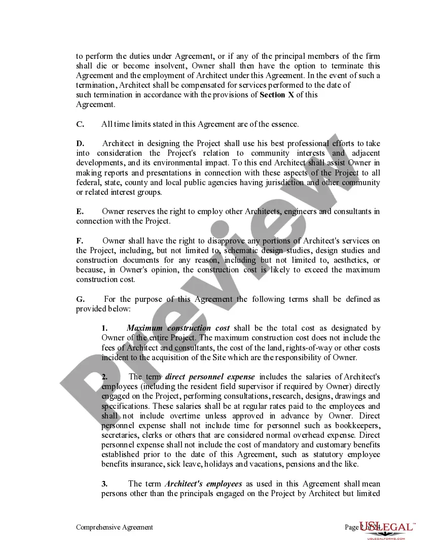 Get Comprehensive Agreement for Project between Owner and Architect Preview Comprehensive Agreement for Project between Owner and Architect