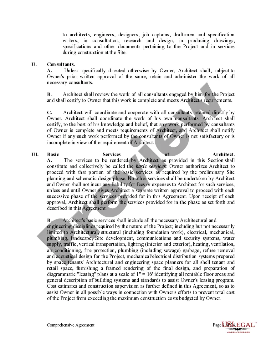 Get Comprehensive Agreement for Project between Owner and Architect Preview Comprehensive Agreement for Project between Owner and Architect