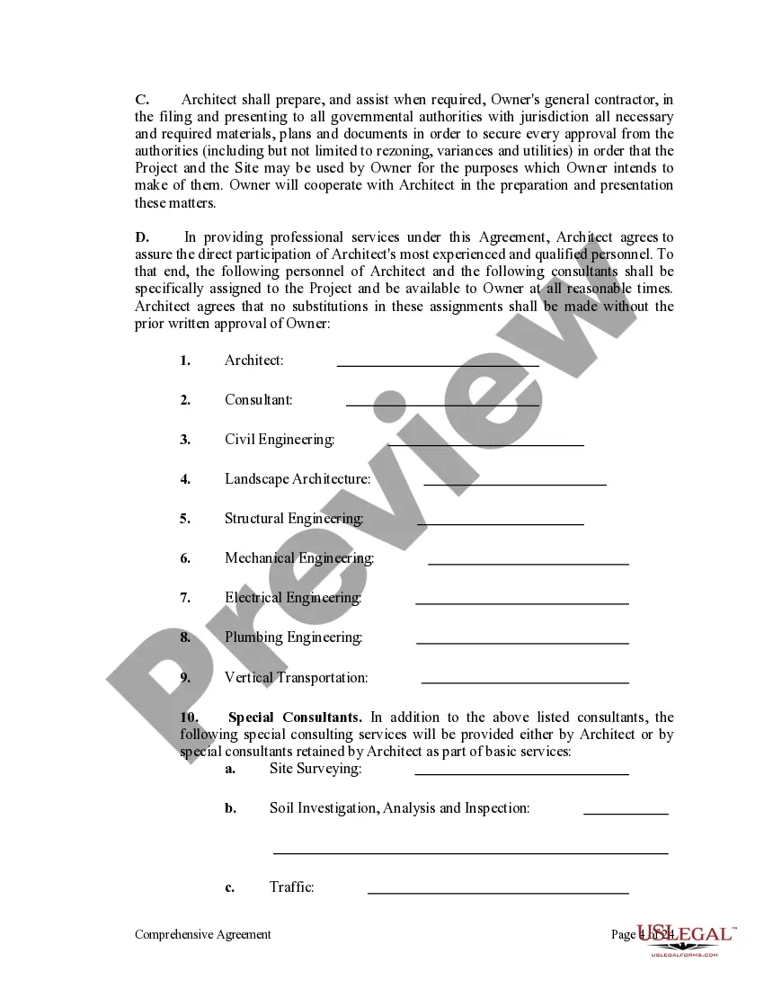Get Comprehensive Agreement for Project between Owner and Architect Preview Comprehensive Agreement for Project between Owner and Architect