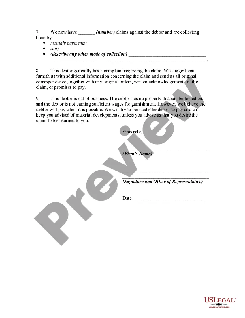 Get Acceptance of Claim and Report of Past Experience with Debtor Preview Acceptance of Claim and Report of Past Experience with Debtor