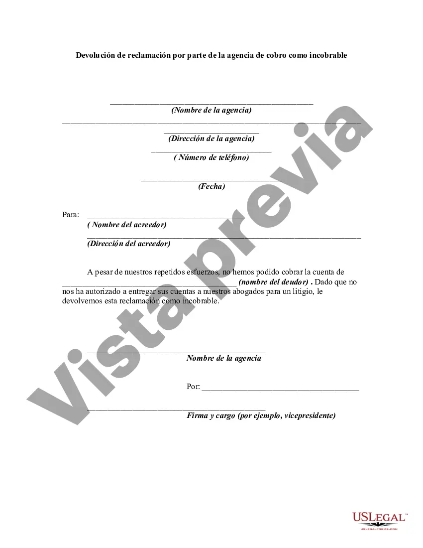 Preview Devolución de reclamación por parte de la agencia de cobro como incobrable