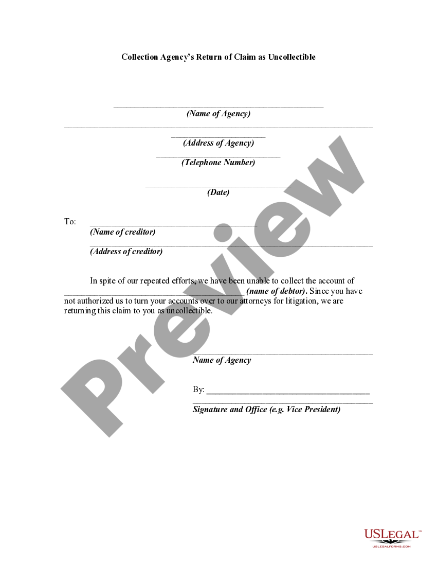 Ohio Collection Agency's Return of Claim as Uncollectible US Legal Forms
